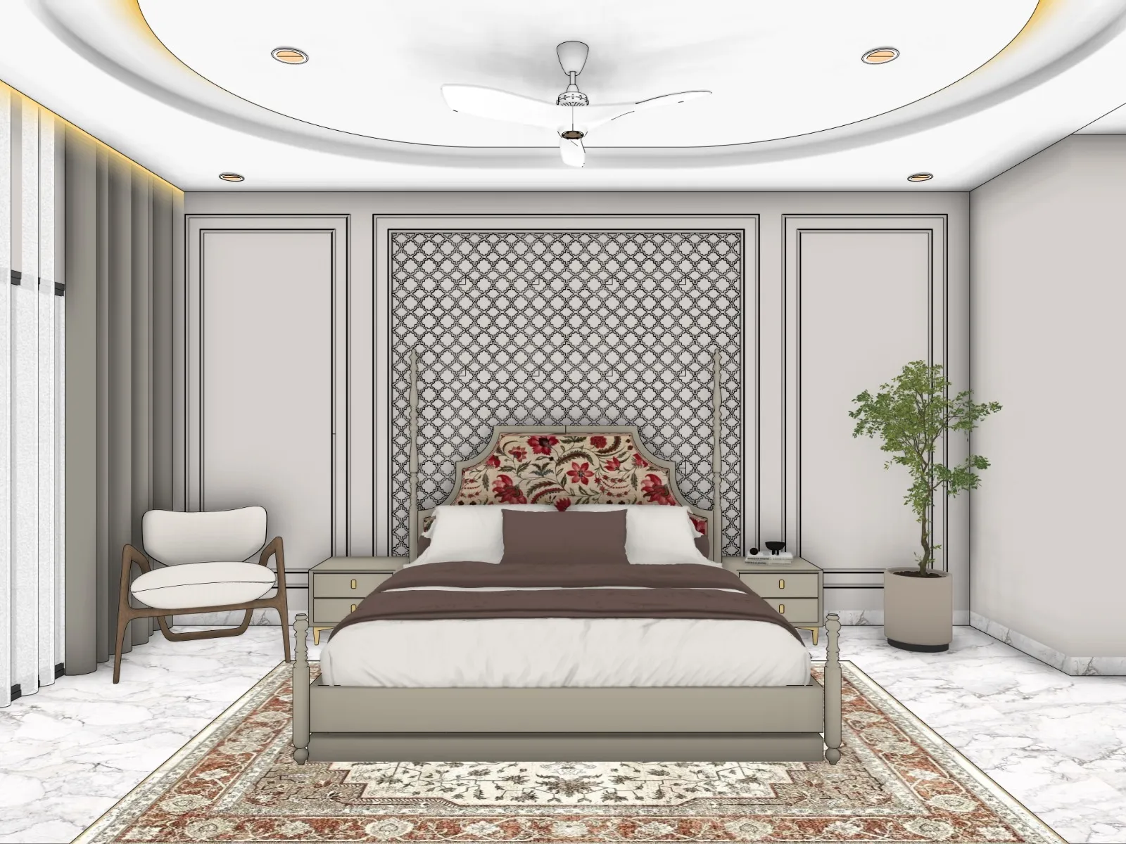 SketchUp screenshot of a master bedroom with jaali headboard wall