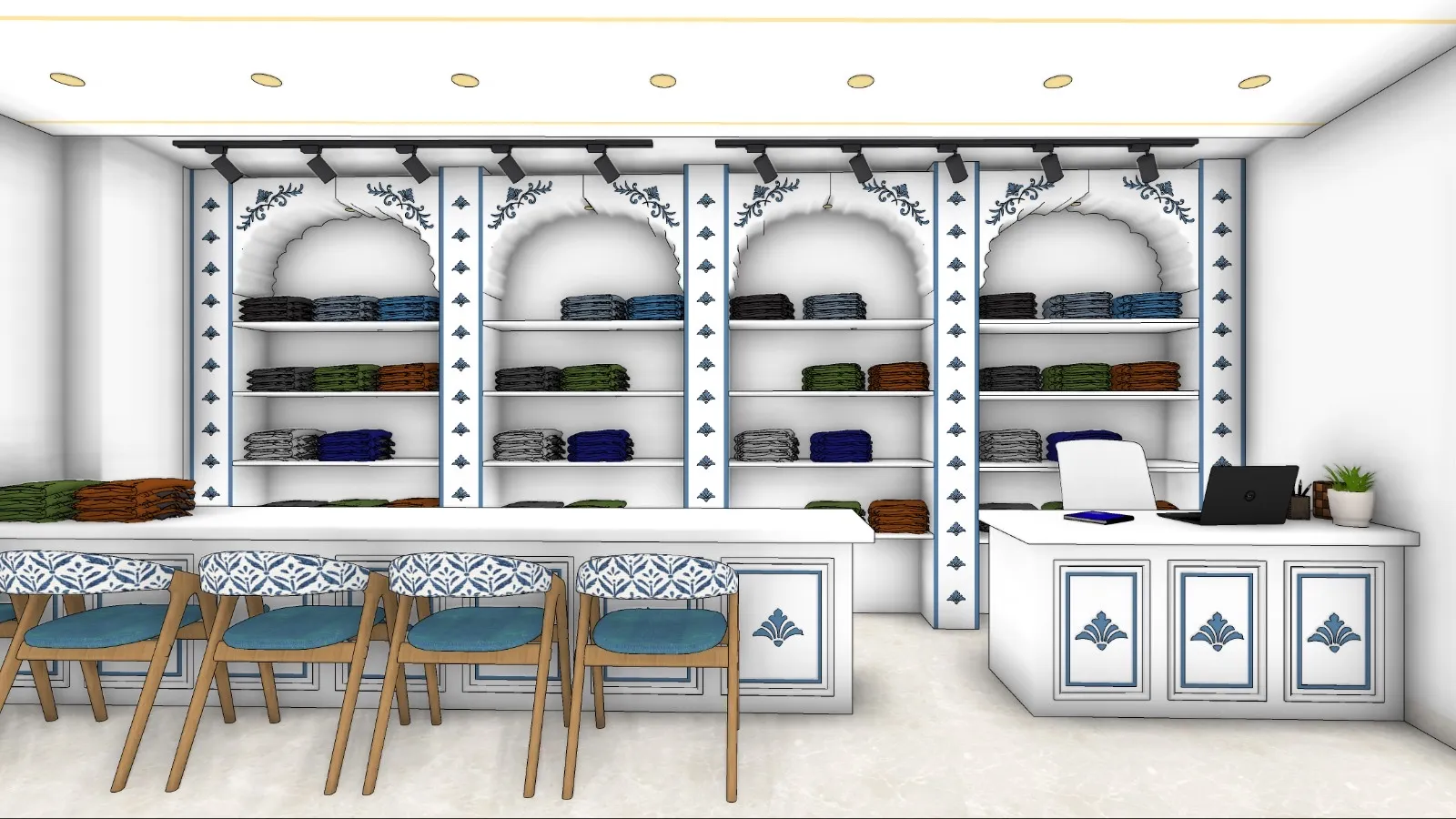 SketchUp screenshot of a retail boutique with glow light markers on the ceiling