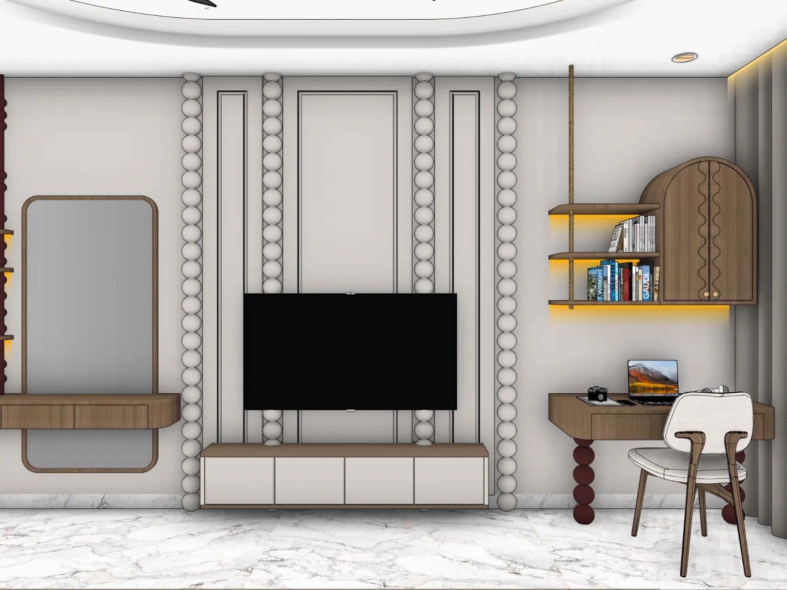 SketchUp screenshot of a bedroom TV wall with bobbin-bead trim